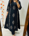 Designer Cotton Kurti Pant Set with Hand Block Print and Mirror Detailing — Elegant Two-Piece Ensemble for Festive and Everyday Wear