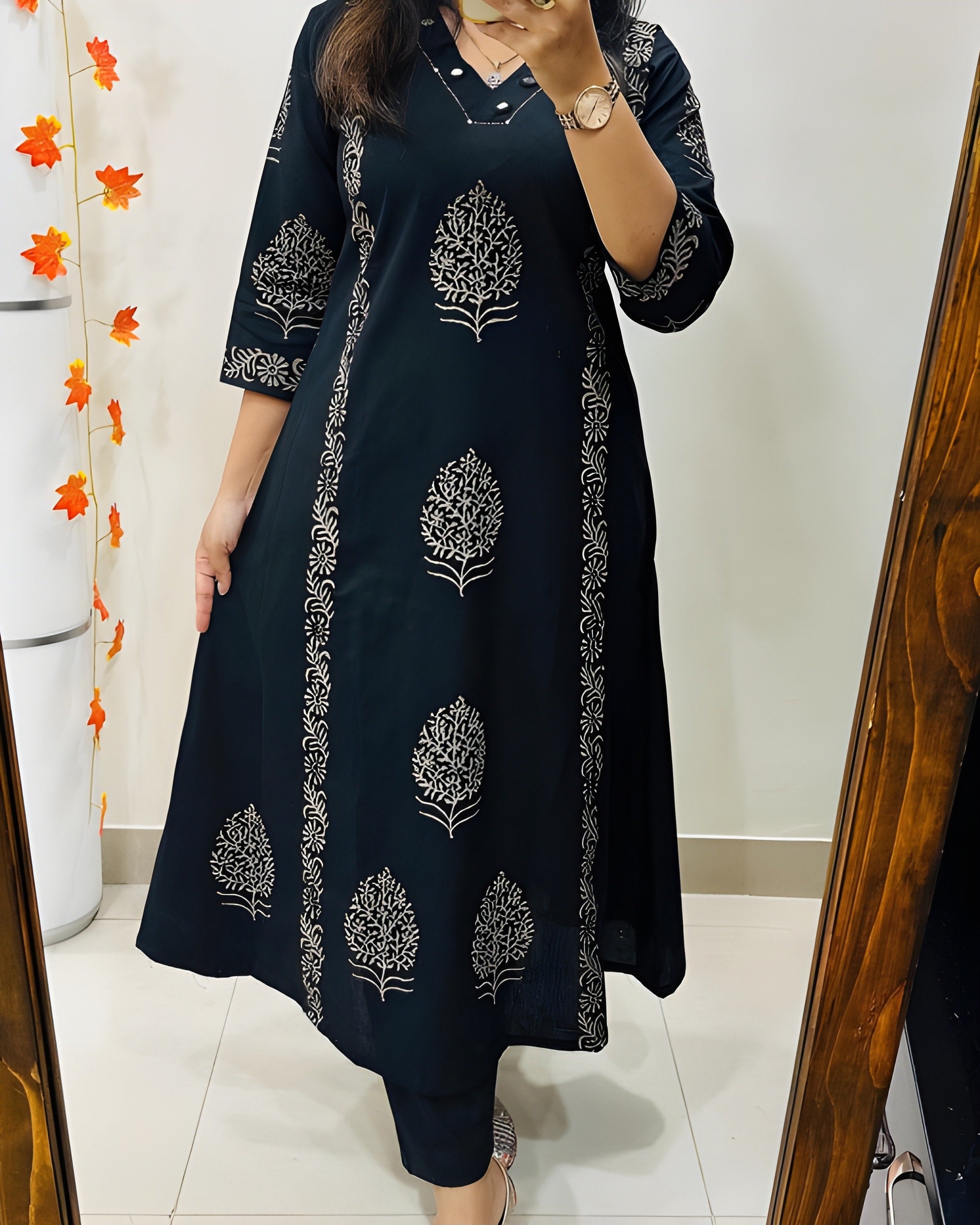 Designer Cotton Kurti Pant Set with Hand Block Print and Mirror Detailing — Elegant Two-Piece Ensemble for Festive and Everyday Wear