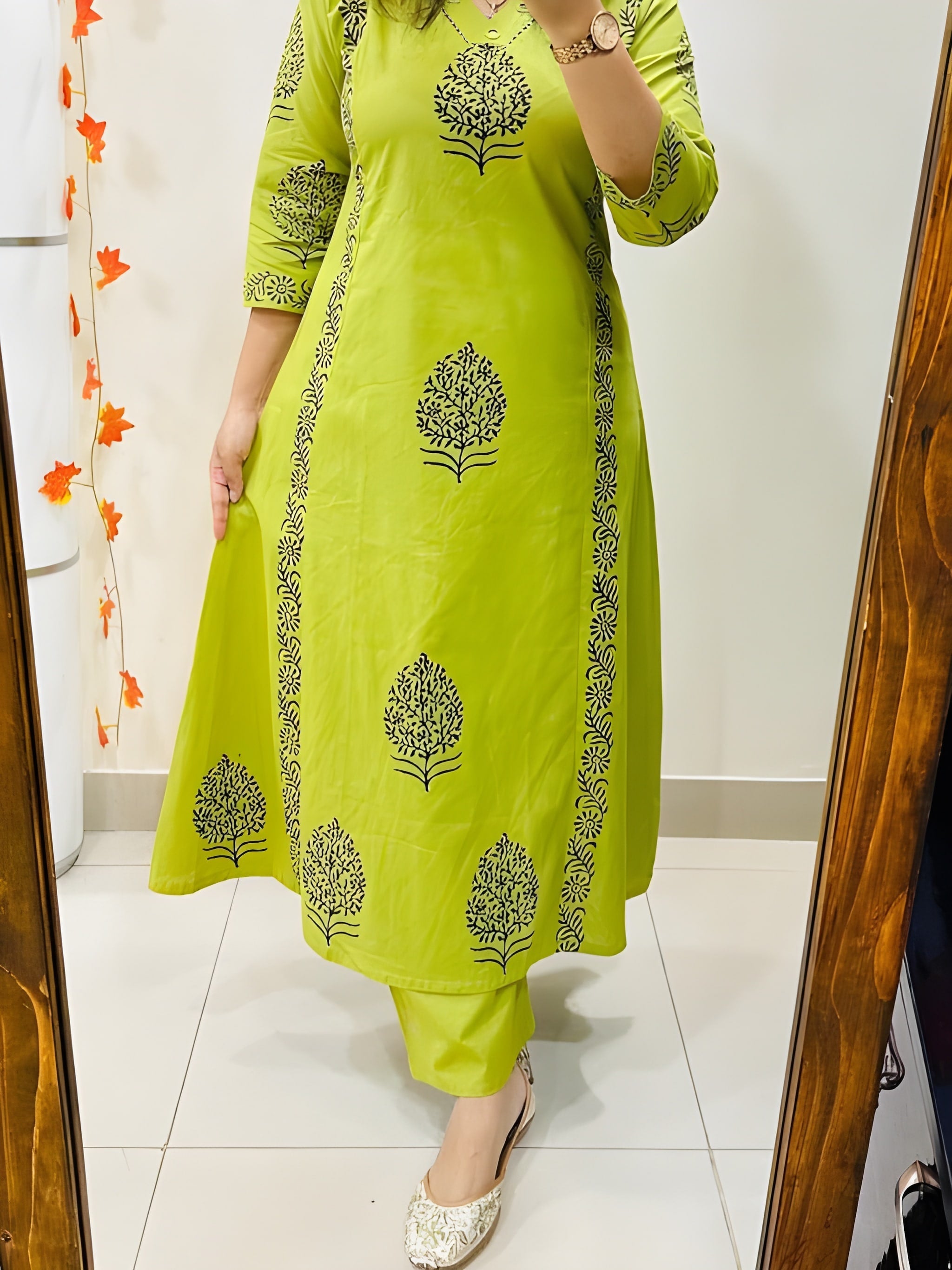Designer Cotton Kurti Pant Set with Hand Block Print and Mirror Detailing — Elegant Two-Piece Ensemble for Festive and Everyday Wear