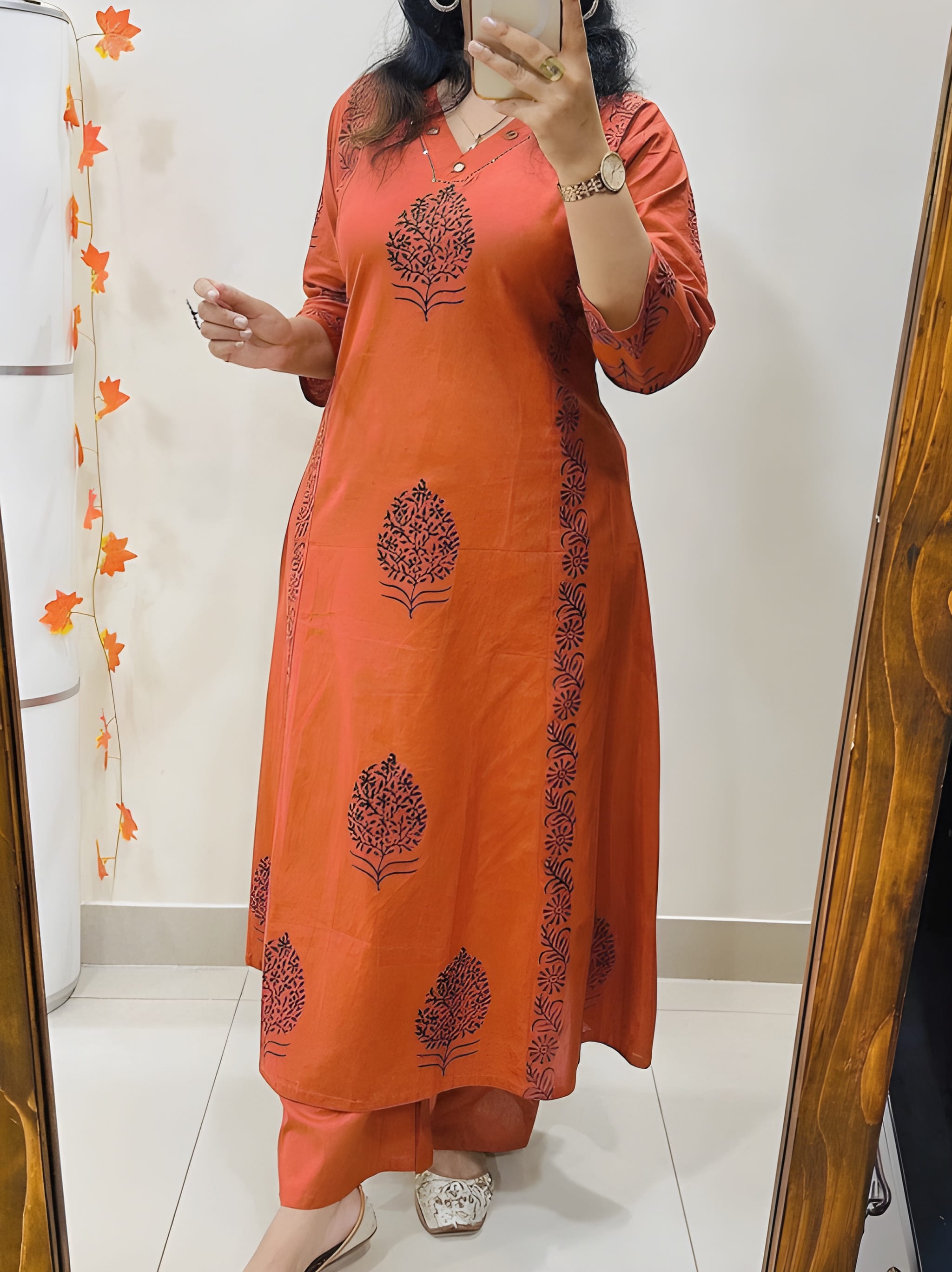 Designer Cotton Kurti Pant Set with Hand Block Print and Mirror Detailing — Elegant Two-Piece Ensemble for Festive and Everyday Wear
