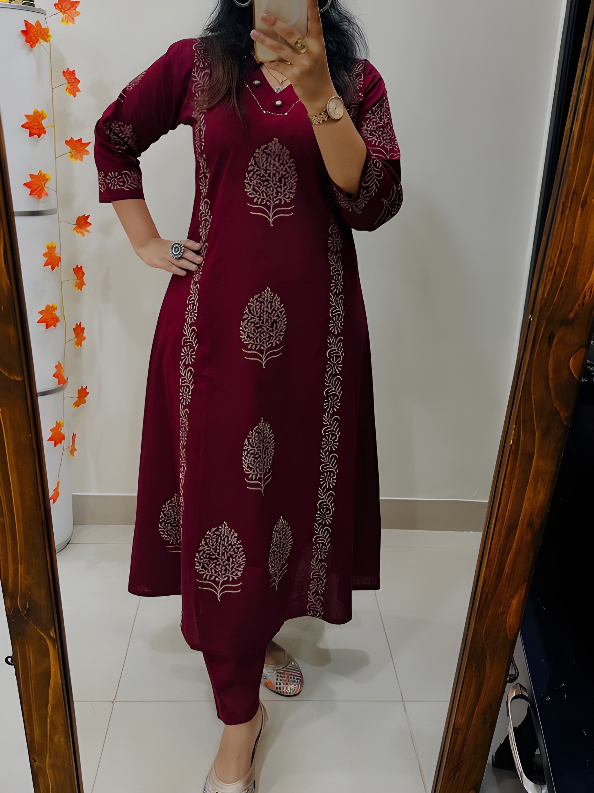 Designer Cotton Kurti Pant Set with Hand Block Print and Mirror Detailing — Elegant Two-Piece Ensemble for Festive and Everyday Wear