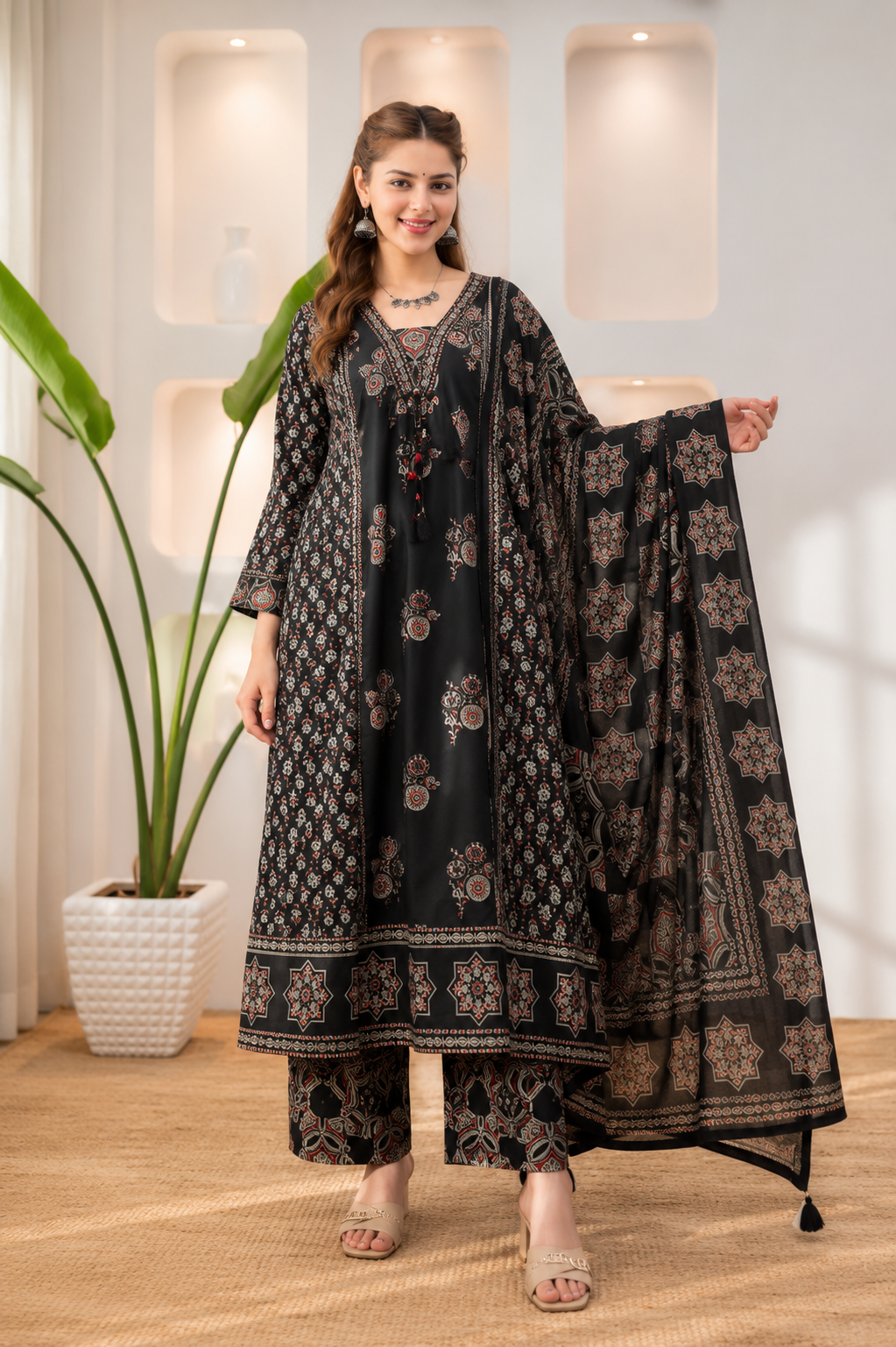 Women's Hand Work Cotton Anarkali Kurta Palazzo & Dupatta Ethnic Set