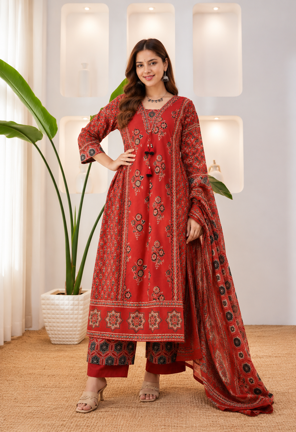 Women's Hand Work Cotton Anarkali Kurta Palazzo & Dupatta Ethnic Set