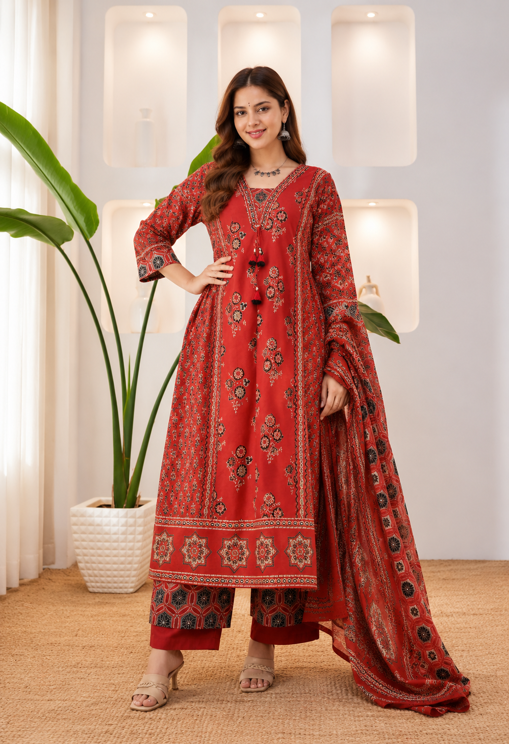 Women's Hand Work Cotton Anarkali Kurta Palazzo & Dupatta Ethnic Set