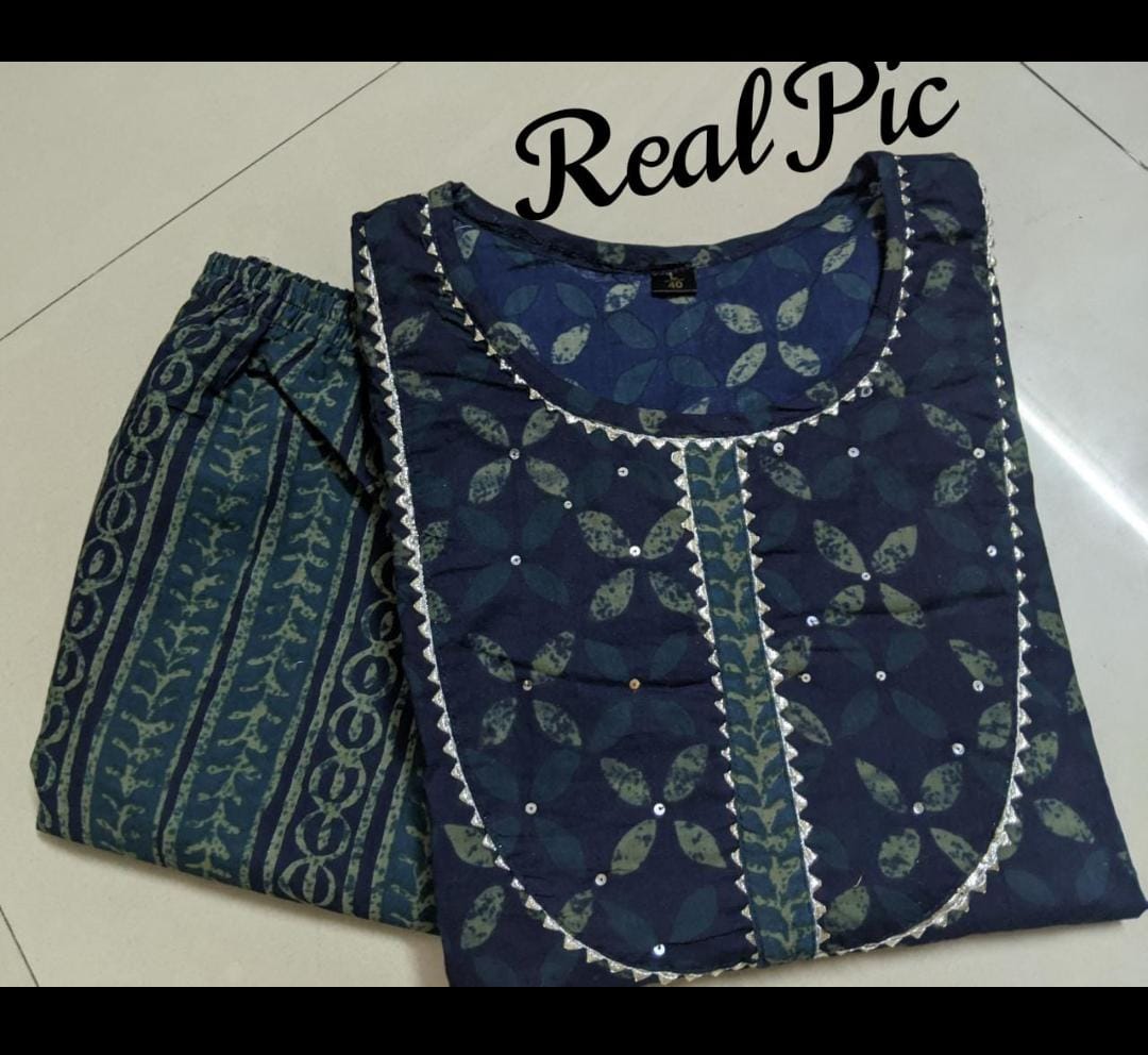 Blue Rayon Handcrafted Pittan Work Bagru Leafy Print Kurti And Pant Set