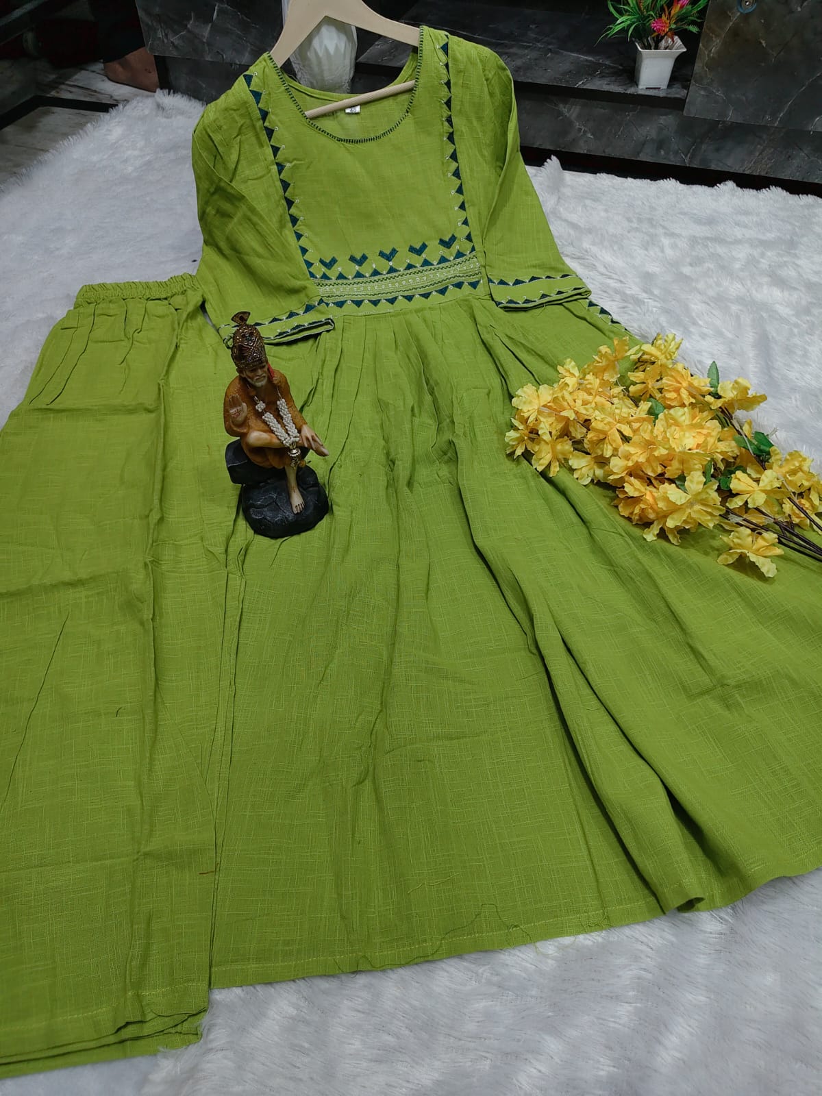 Premium Women's Cotton Slub Embroidered A-Line Kurta Pant Set