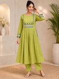 Premium Women's Cotton Slub Embroidered A-Line Kurta Pant Set