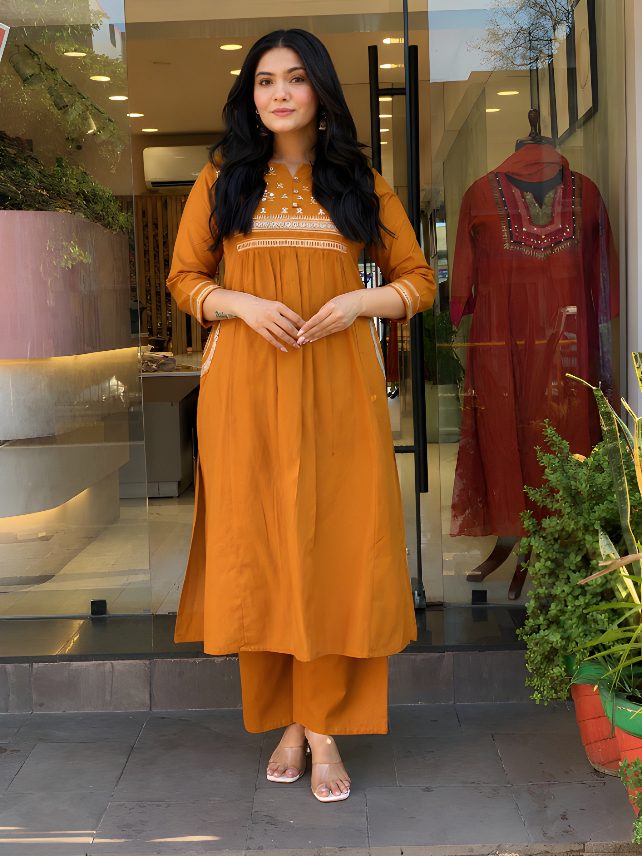 Women Premium Embroidered Dhabu Cotton Kurta Pant Set