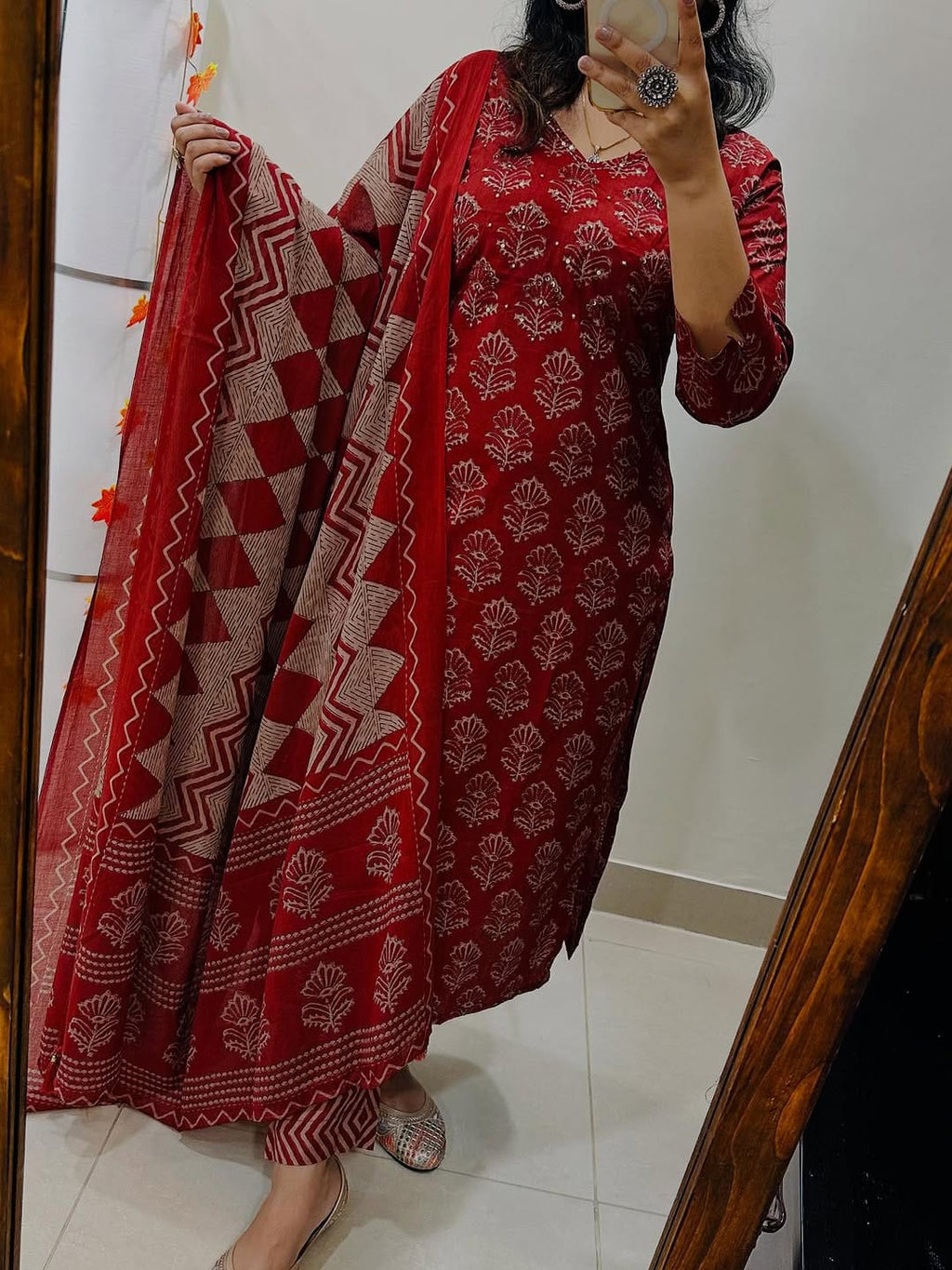 Premium cotton straight kurti set with intricate Jaipuri print and hand-crafted detailing