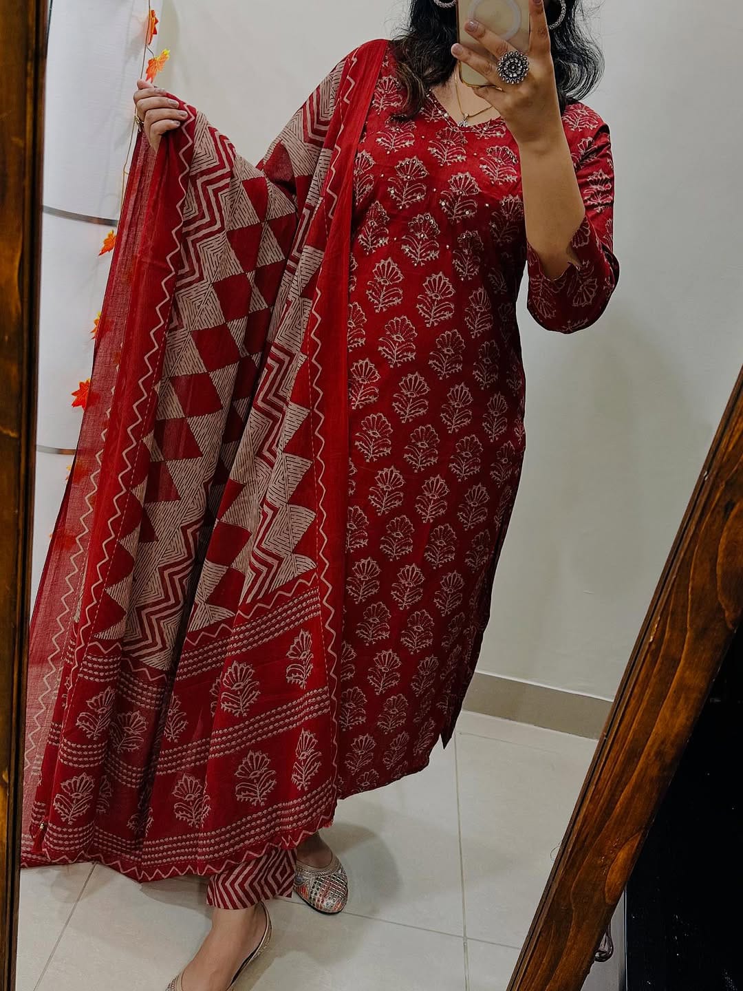 Premium cotton straight kurti set with intricate Jaipuri print and hand-crafted detailing