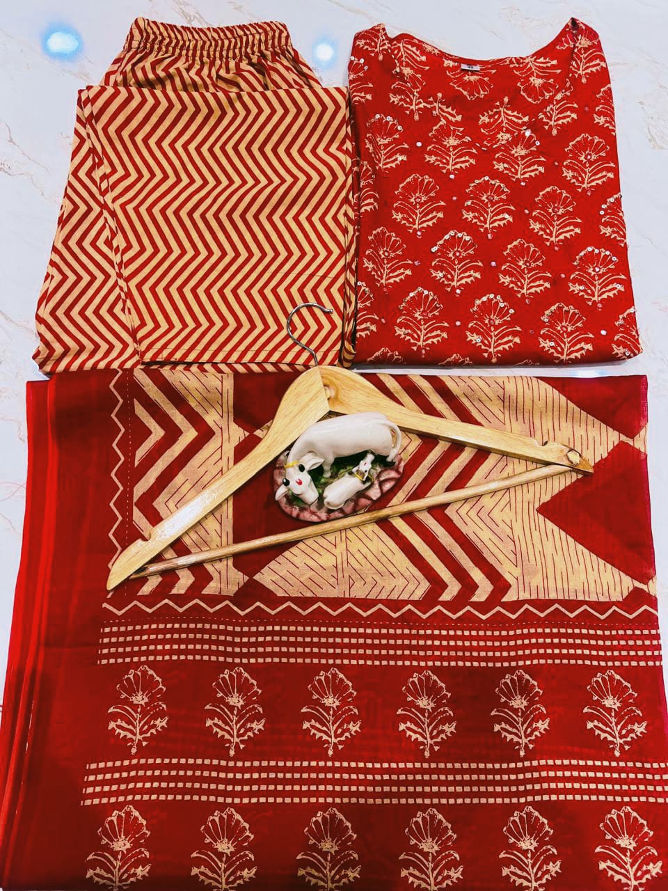 Premium cotton straight kurti set with intricate Jaipuri print and hand-crafted detailing
