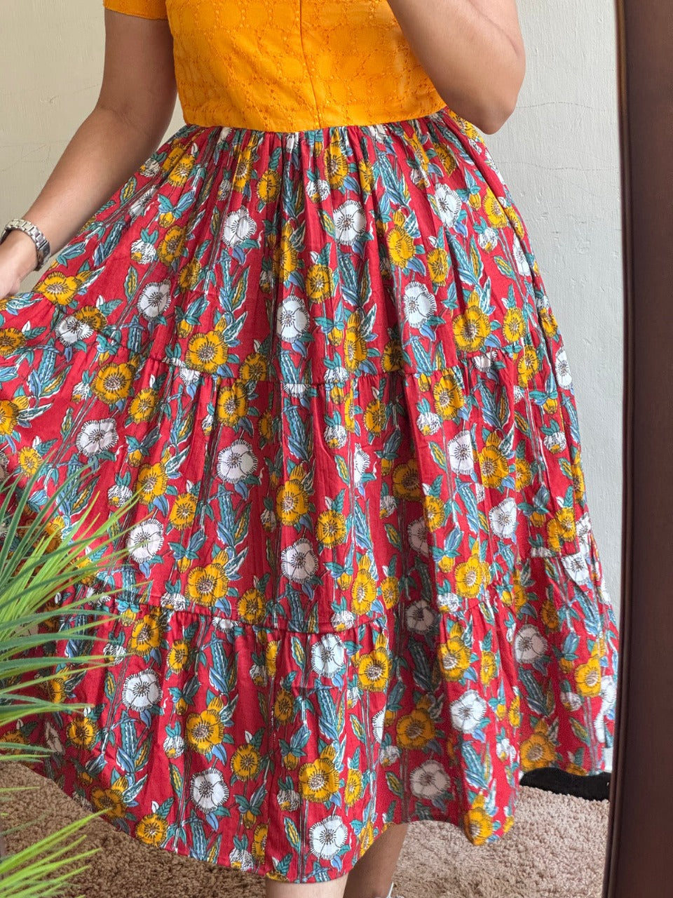 Hakoba Cotton Shifli Midi Kurti | Umbrella Style Dress with Lining & Back Knot | Trendy Indian Ethnic Wear | Sizes 38 to 46