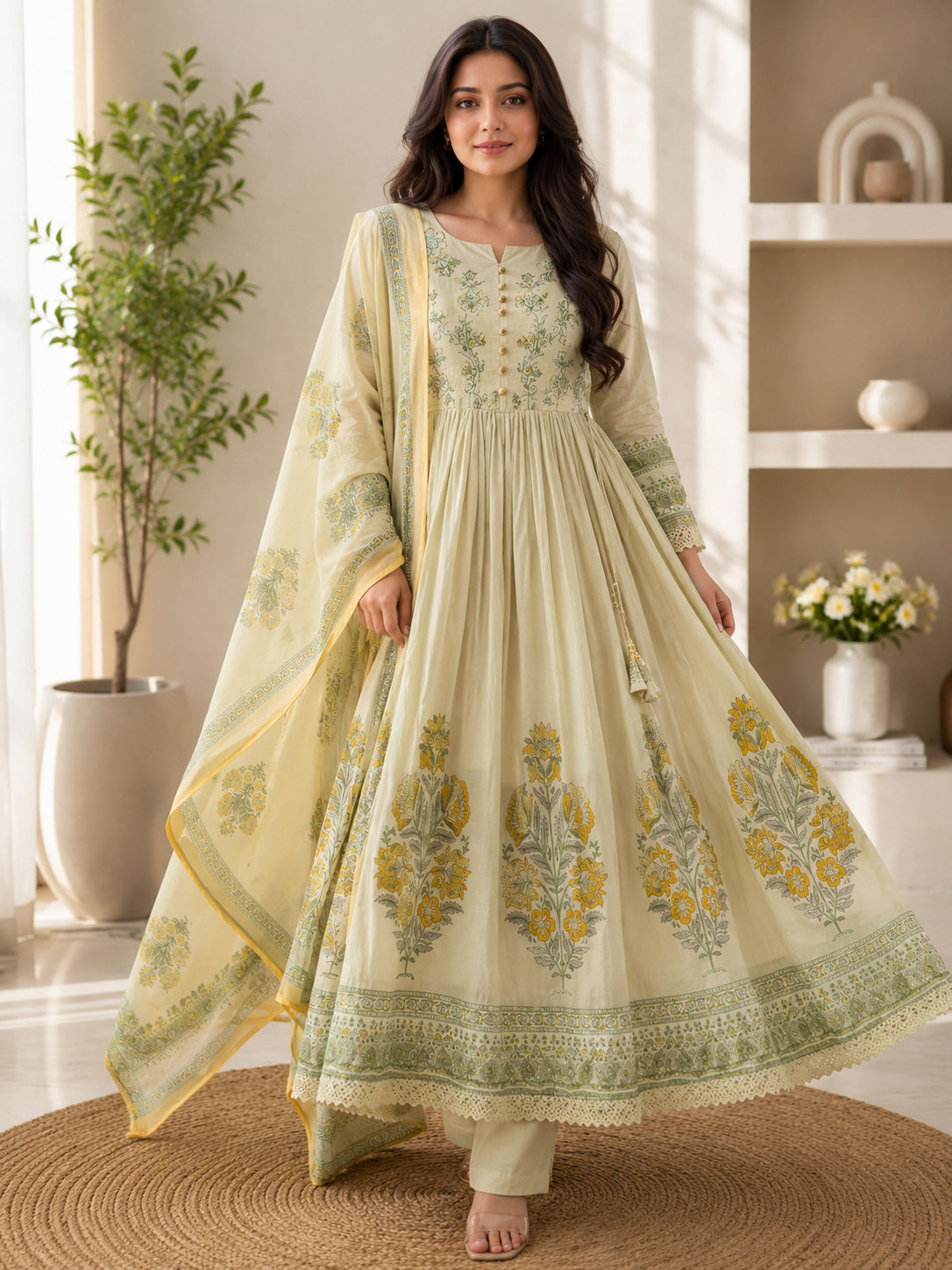 Elegant Women's Pure Cotton Embroidered Anarkali Kurta Pant & Dupatta Set