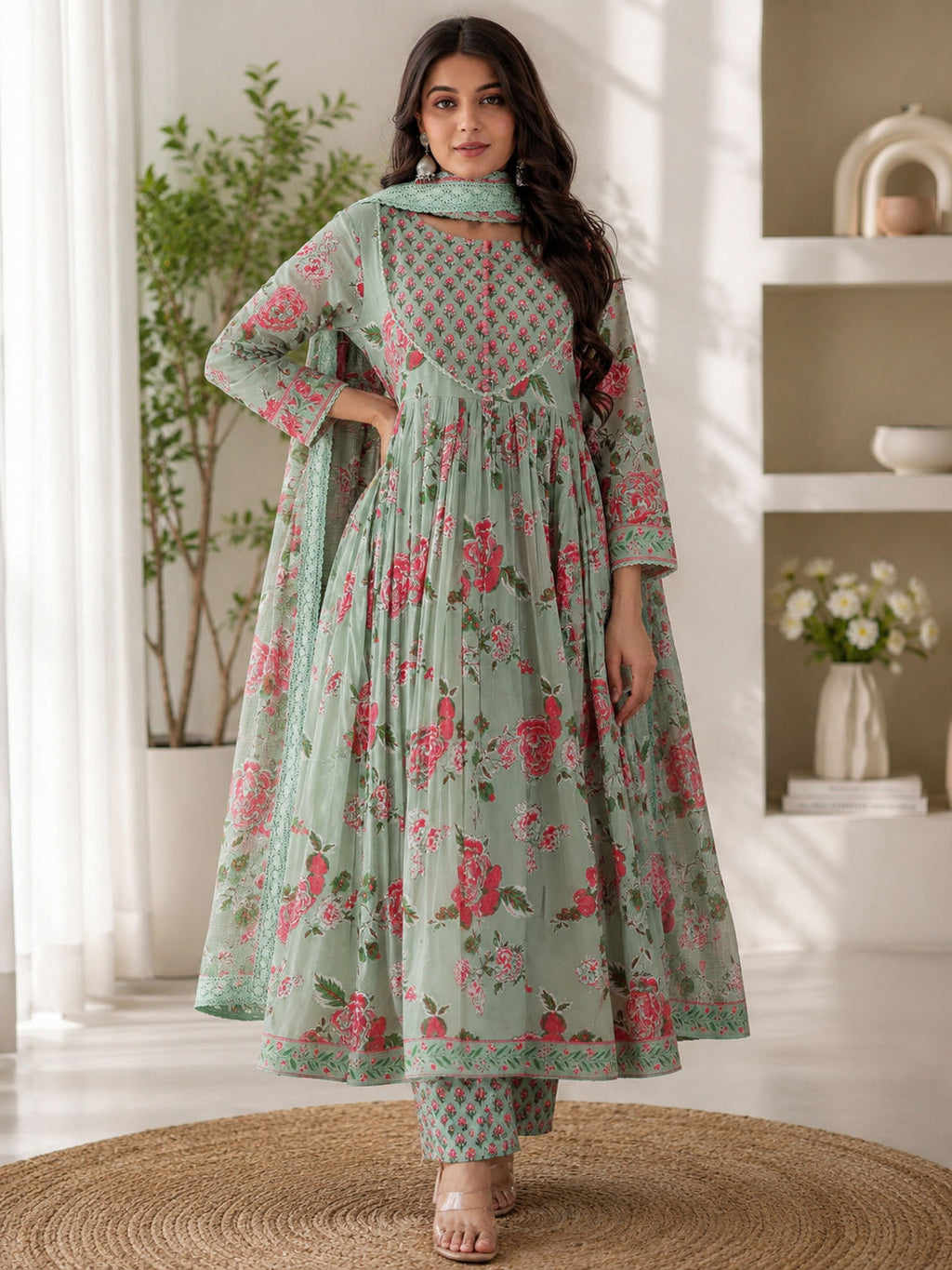 Premium Women's Pure Cotton Hand & Adda Work Floral Anarkali Kurta Pant Dupatta Set