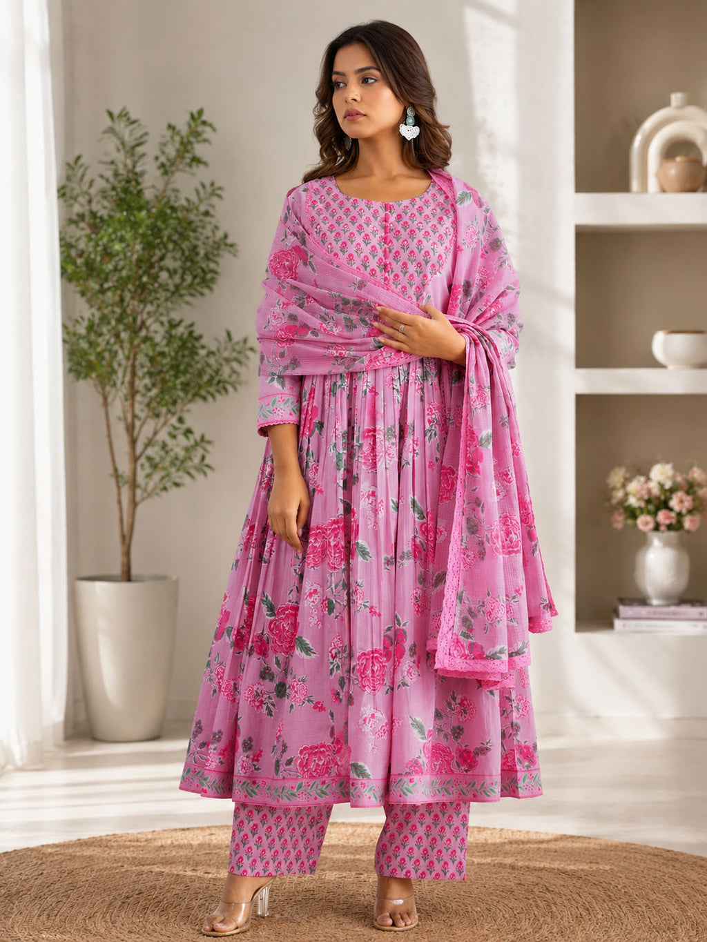 Premium Women's Pure Cotton Hand & Adda Work Floral Anarkali Kurta Pant Dupatta Set
