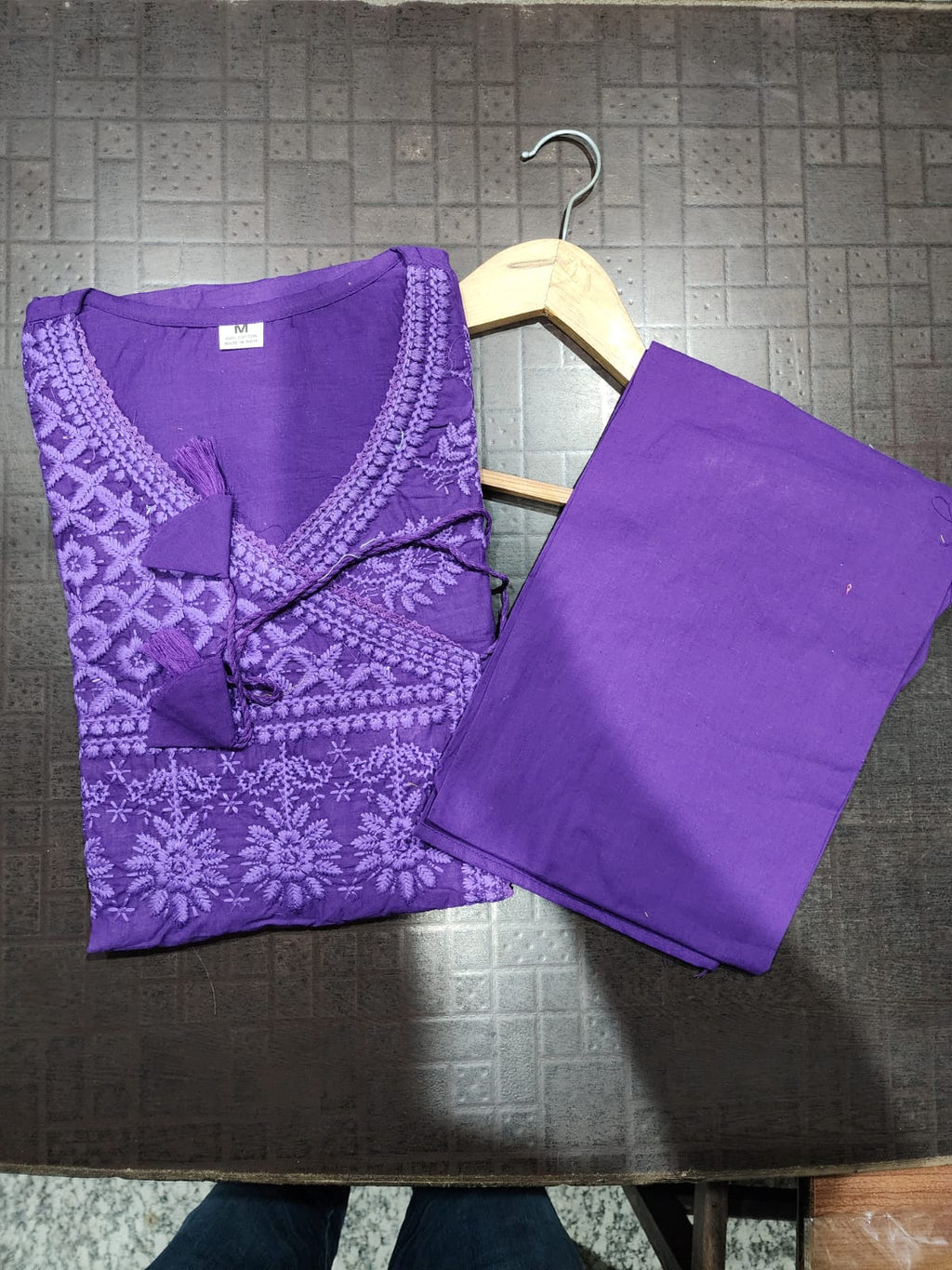 Women Chikankari Cotton Angrakha Kurta Pant Set