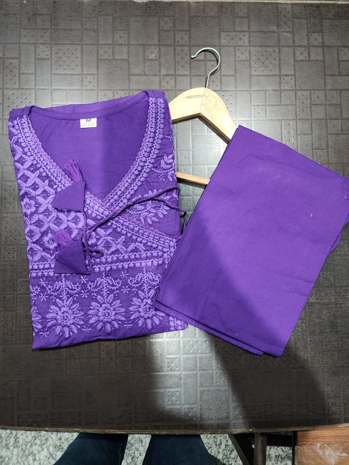 Women Chikankari Cotton Angrakha Kurta Pant Set
