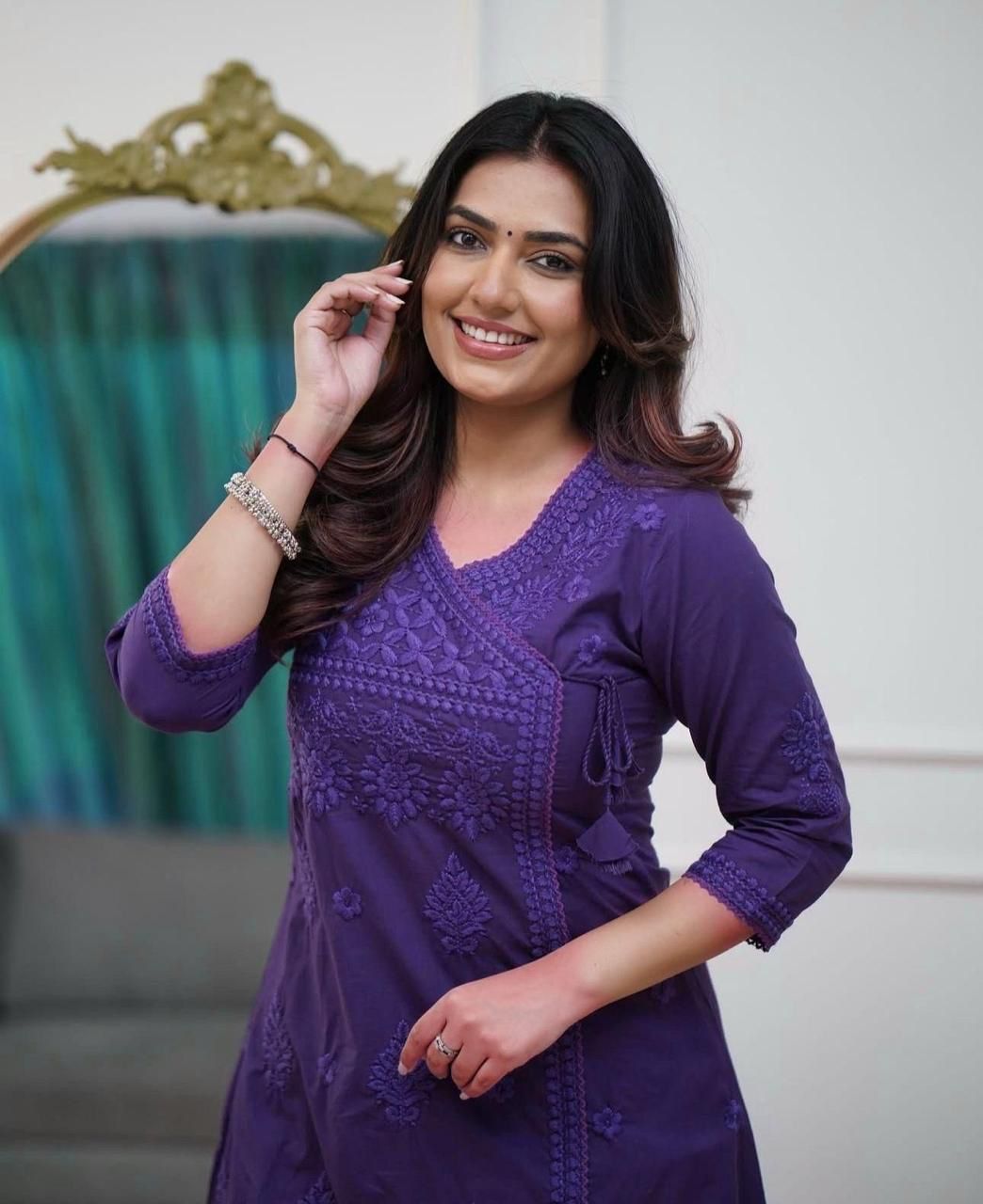 Women Chikankari Cotton Angrakha Kurta Pant Set
