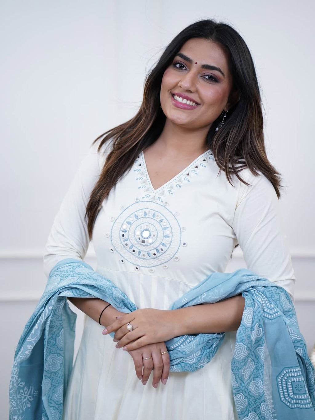 Festive Mirror-Embellished Anarkali Set with Fluid Silhouette and Coordinated Pants