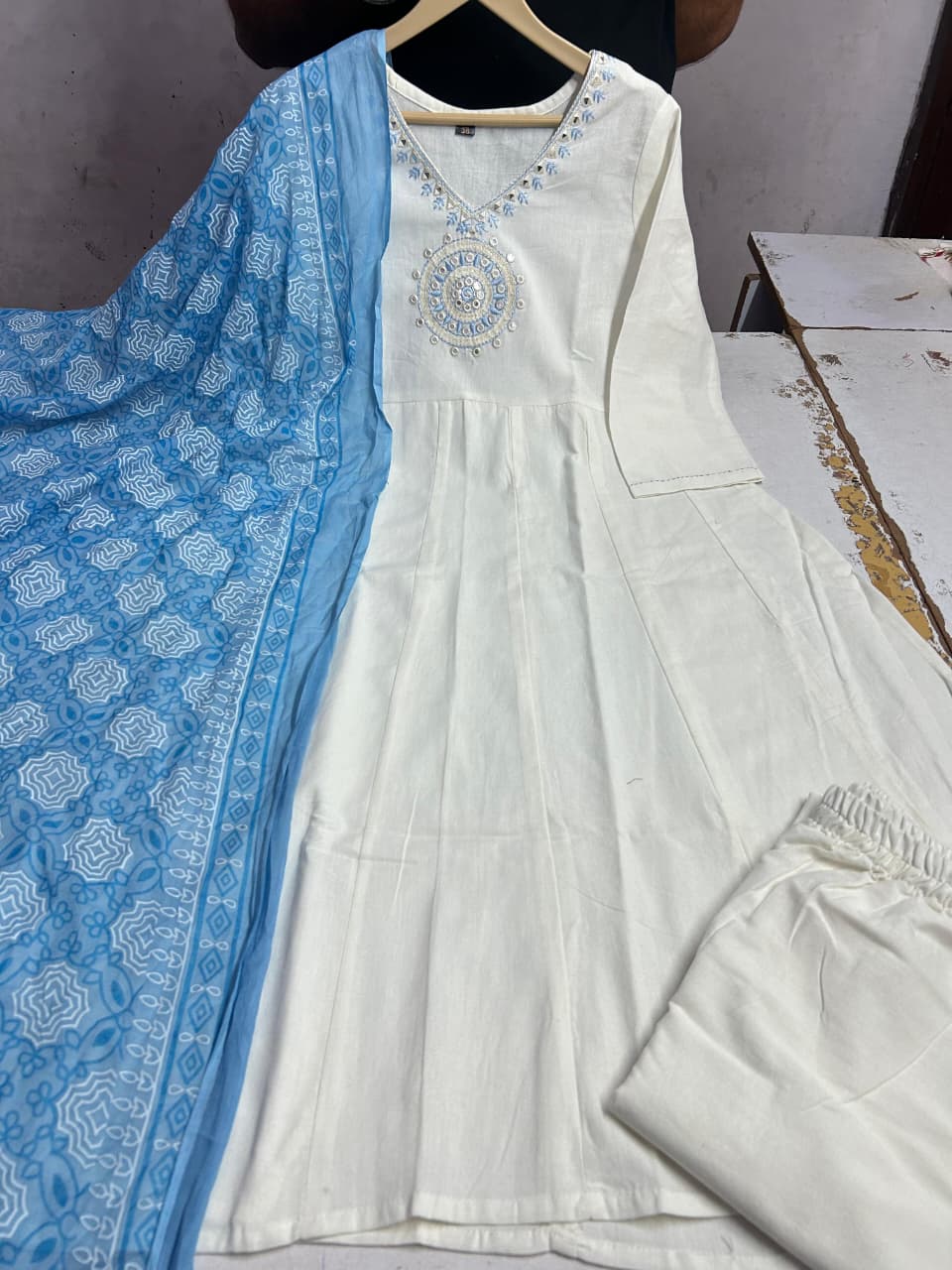 Festive Mirror-Embellished Anarkali Set with Fluid Silhouette and Coordinated Pants