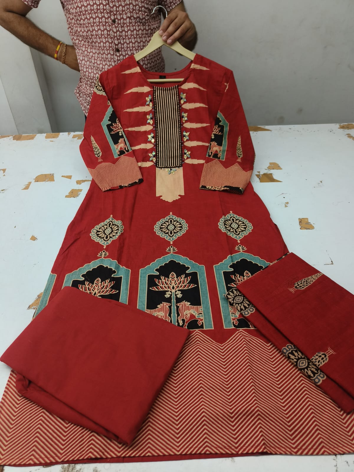 Heavy Cotton Embroidered Kurti Pant Dupatta Set with Discharge Print