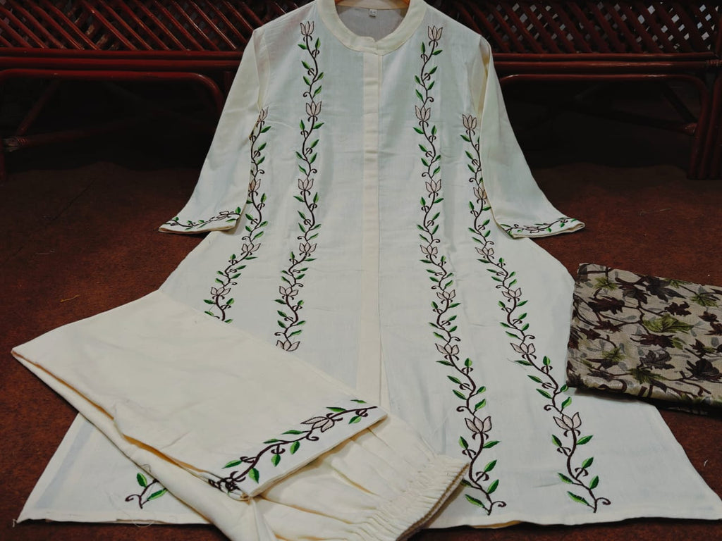 Women Premium Handloom Cotton Kurta Set with Khadi Silk Dupatta Embroidered Ethnic Three Piece Suit