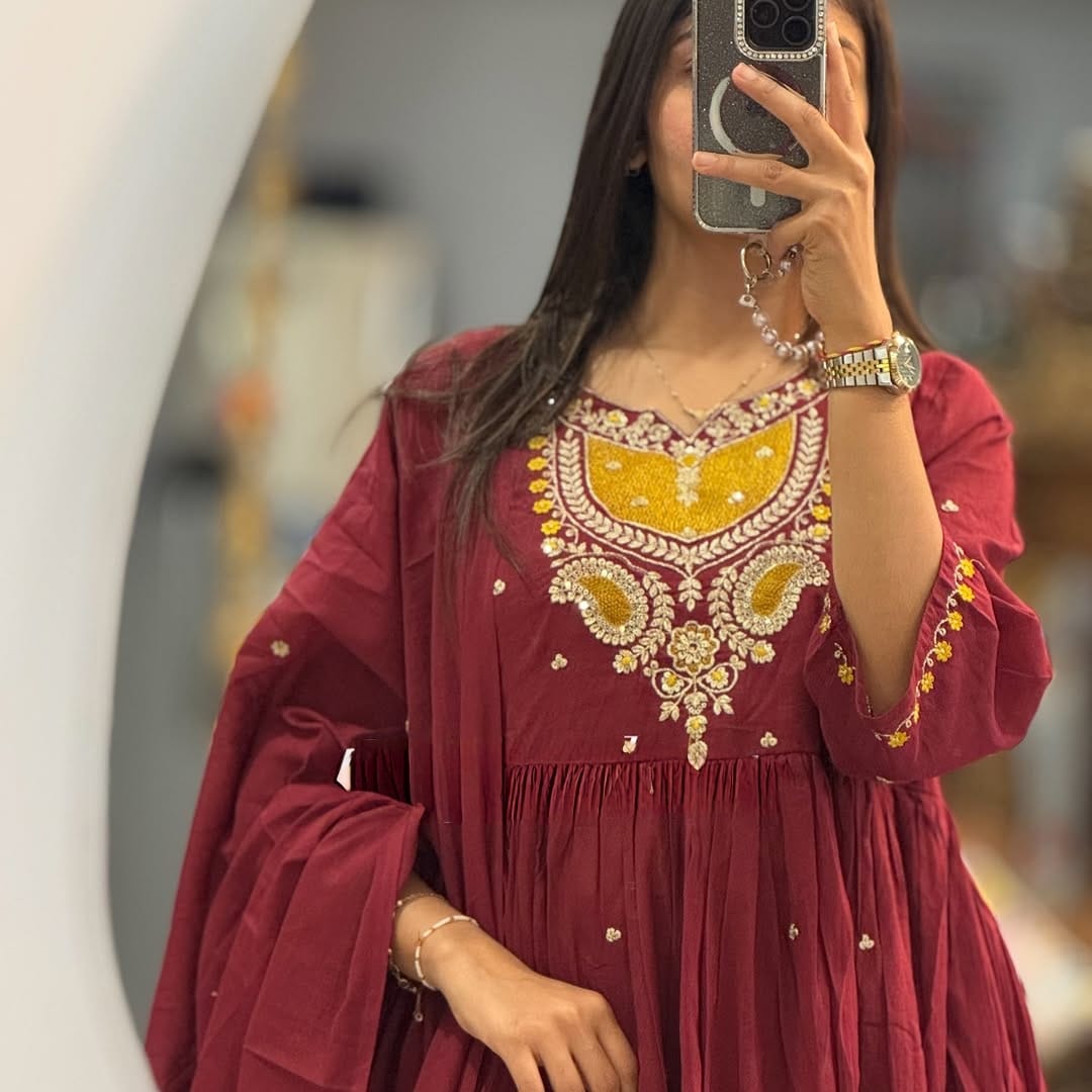 Women Embroidered Cotton Kurta Pant Dupatta Set