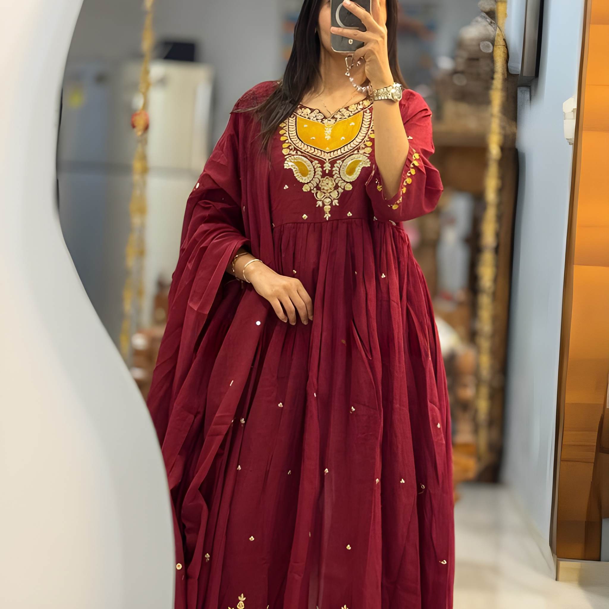 Women Embroidered Cotton Kurta Pant Dupatta Set
