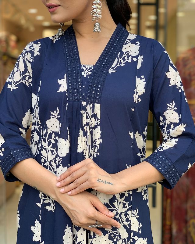 Blue Printed Cotton Anarkali Kurti With Palazzo And Dupatta Set