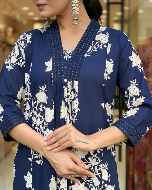 Blue Printed Cotton Anarkali Kurti With Palazzo And Dupatta Set