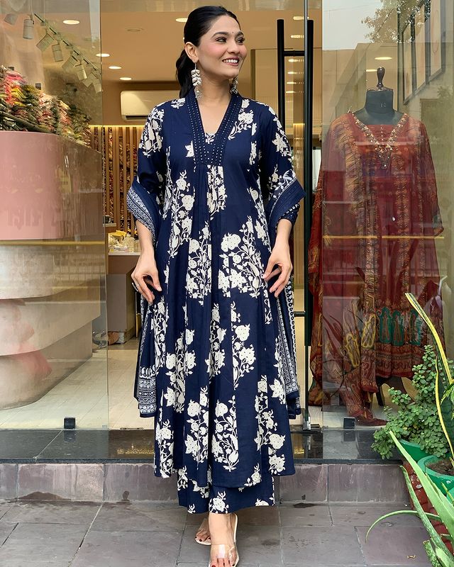 Blue Printed Cotton Anarkali Kurti With Palazzo And Dupatta Set