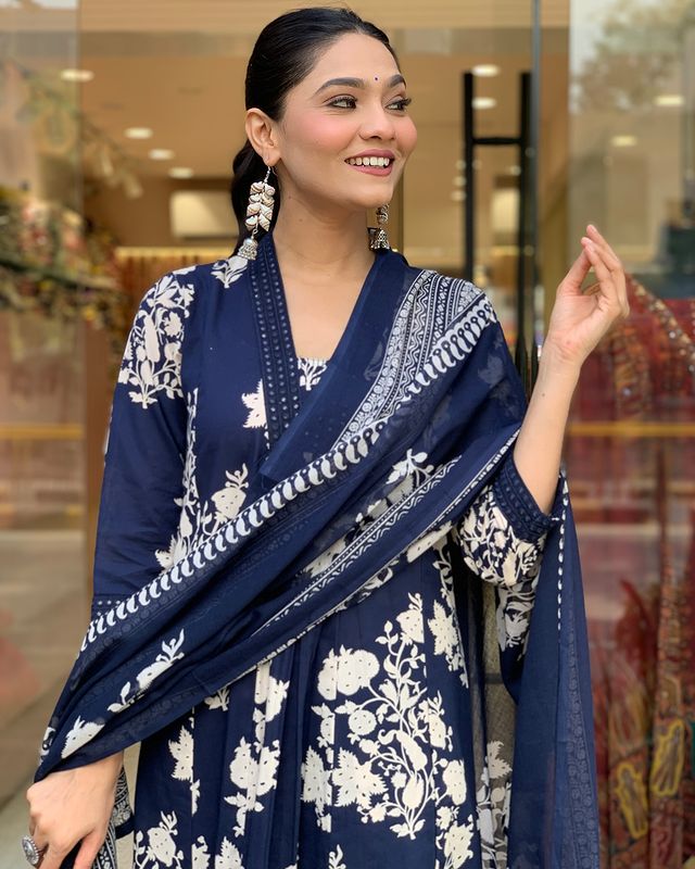 Blue Printed Cotton Anarkali Kurti With Palazzo And Dupatta Set