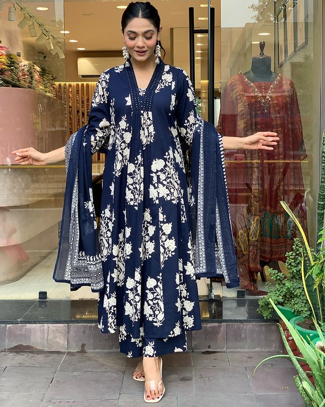 Blue Printed Cotton Anarkali Kurti With Palazzo And Dupatta Set