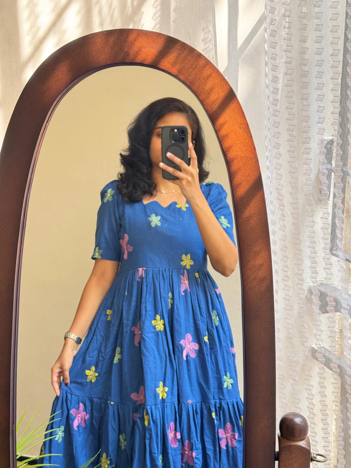 Blue Cotton Beautiful Embroidary Work Midi Kurti For Women