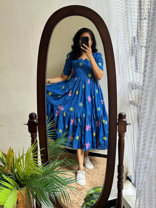 Blue Cotton Beautiful Embroidary Work Midi Kurti For Women