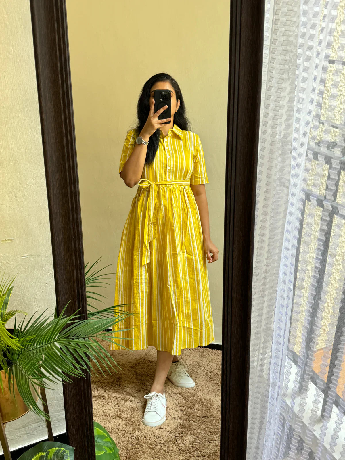 Yellow Cotton Beautiful Puff Sleeves  Midi Kurti for women
