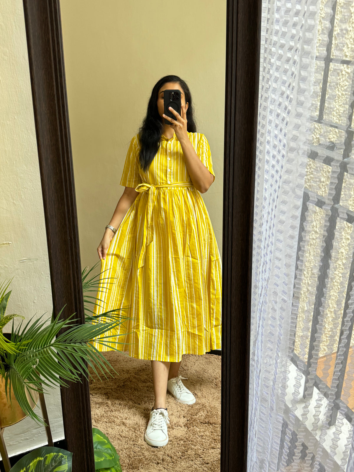 Yellow Cotton Beautiful Puff Sleeves  Midi Kurti for women