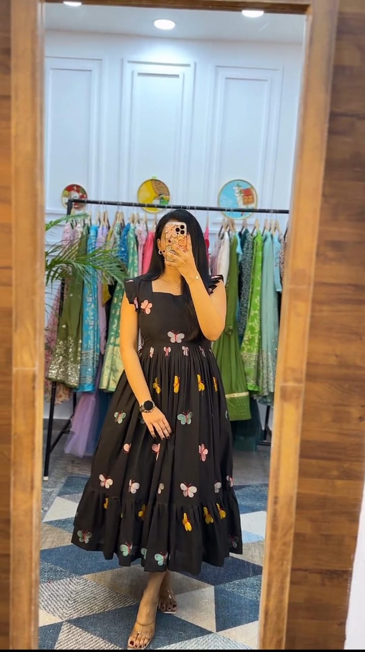 Black Cotton Butterfly Print  Kurti For Women