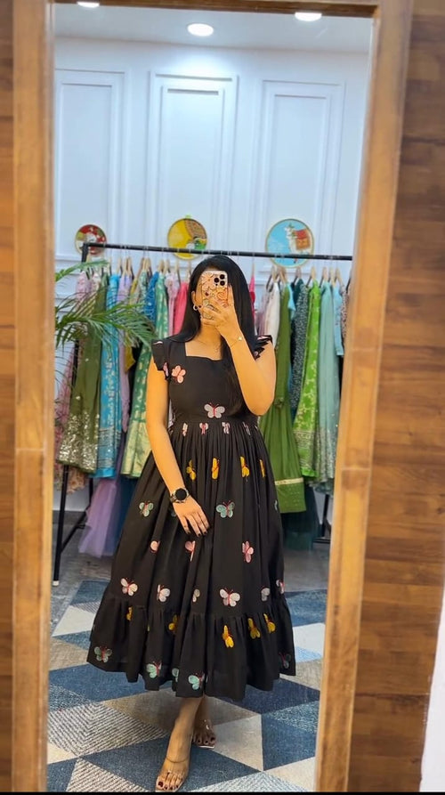 Black Cotton Butterfly Print  Kurti For Women