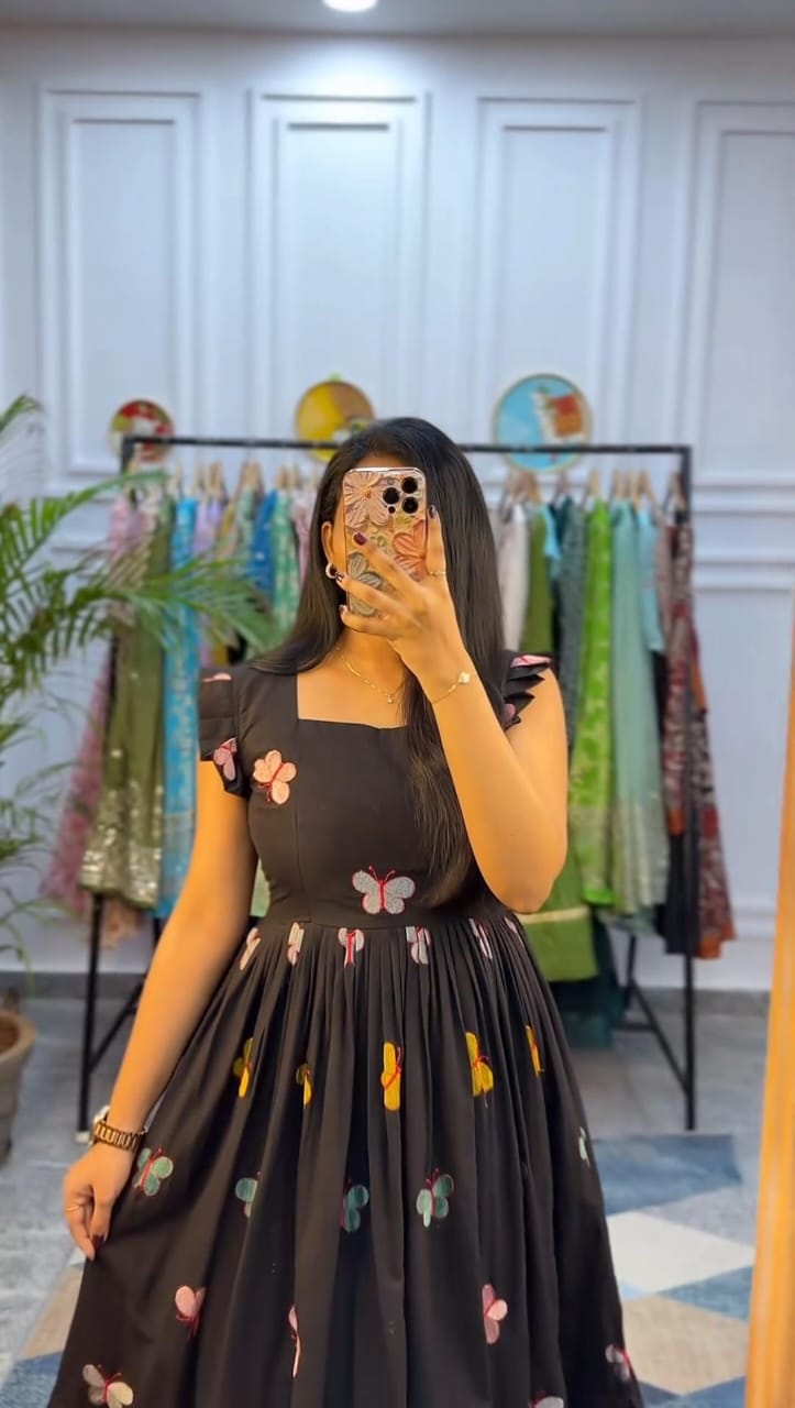 Black Cotton Butterfly Print  Kurti For Women