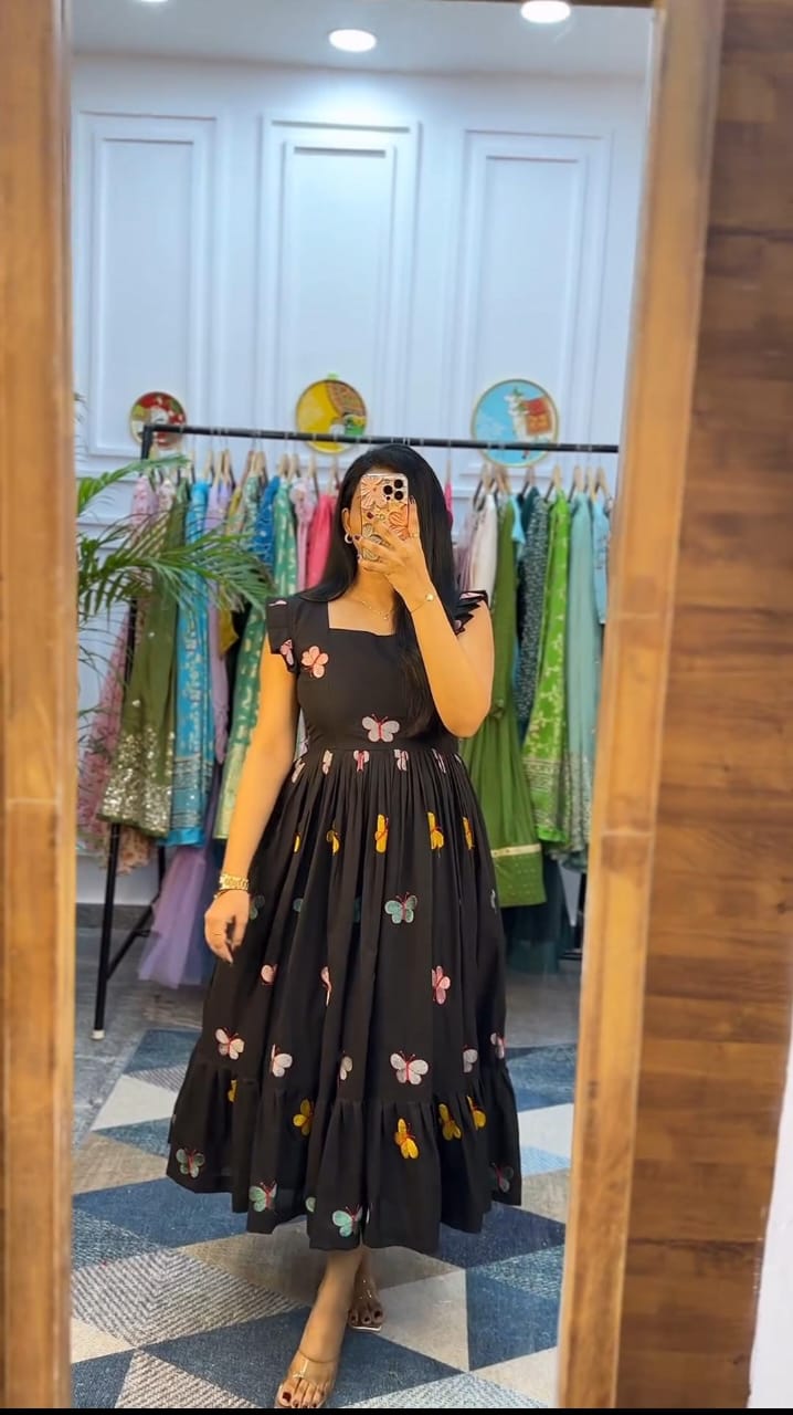 Black Cotton Butterfly Print  Kurti For Women