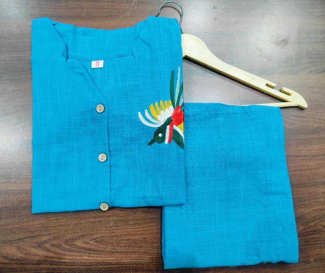 Blue Premium Cotton Slub Top And Pant Co-Ord Set For Women