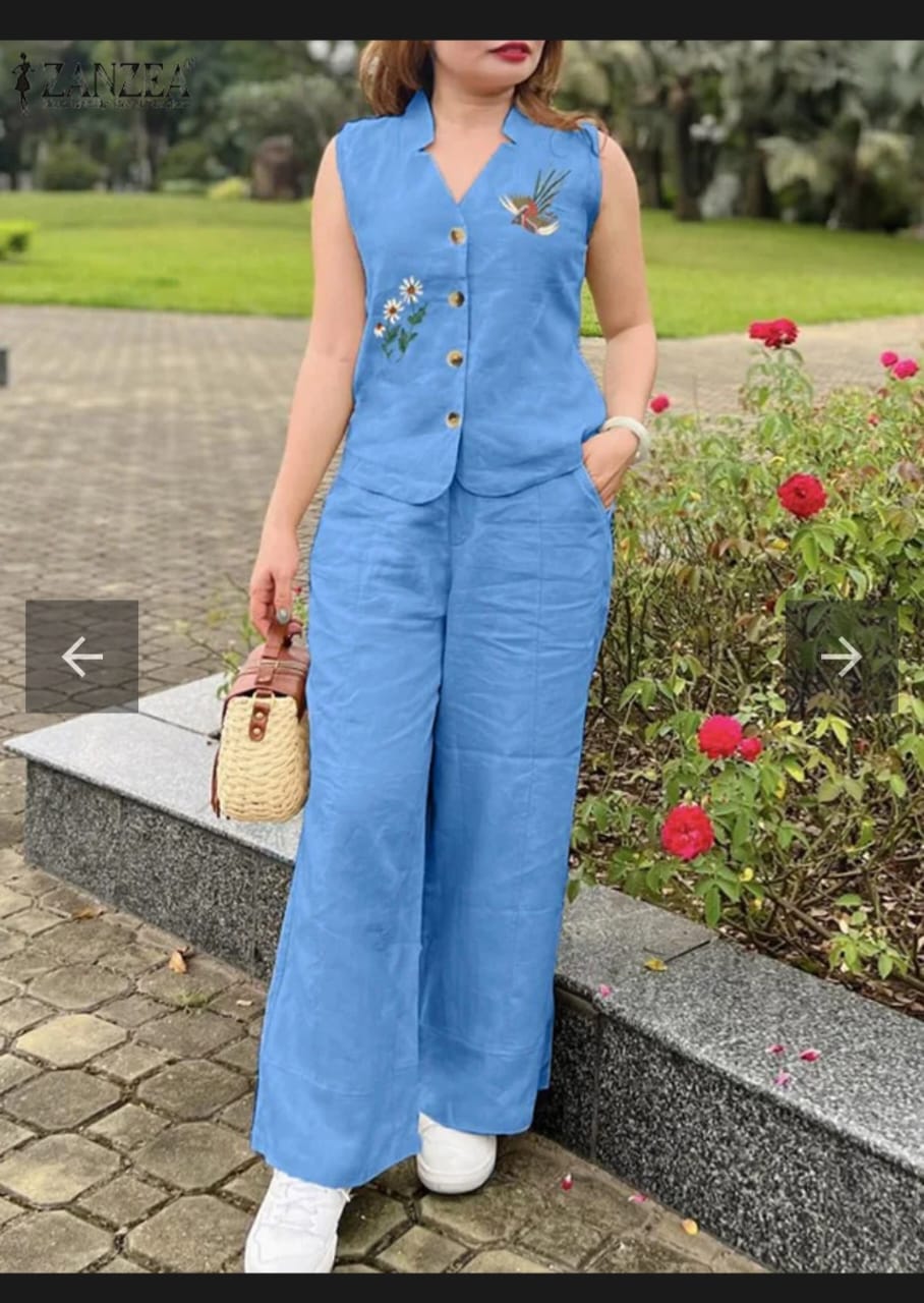 Blue Premium Cotton Slub Top And Pant Co-Ord Set For Women