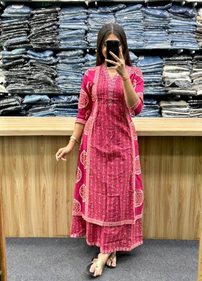 Hand Block Printed Cotton A-Line Plazo Set with Dupatta — Three-Piece Ensemble Featuring Hand Work and Lace Detailing
