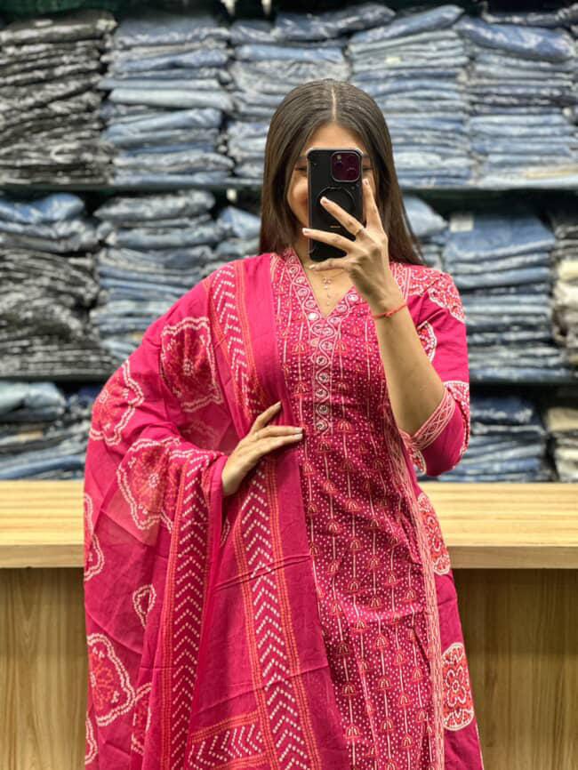 Hand Block Printed Cotton A-Line Plazo Set with Dupatta — Three-Piece Ensemble Featuring Hand Work and Lace Detailing