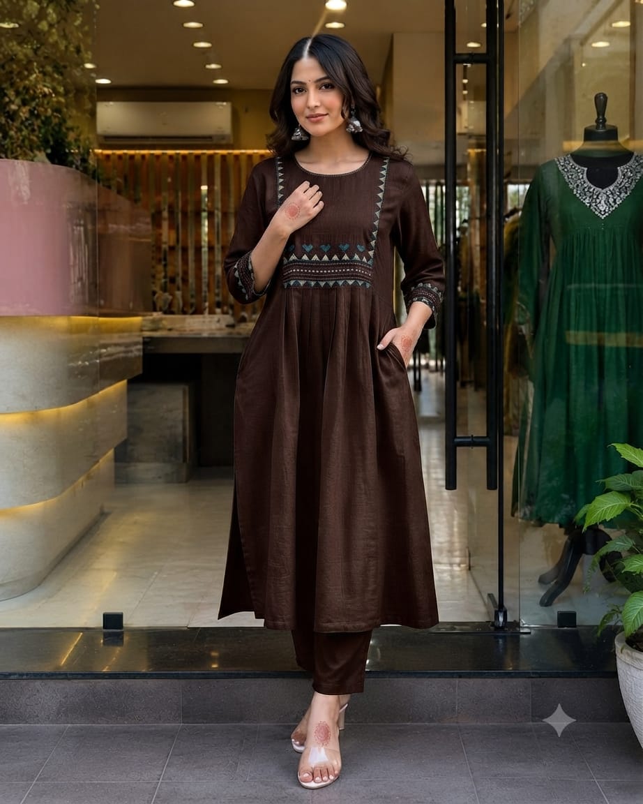 Premium Women's Cotton Slub Embroidered A-Line Kurta Pant Set