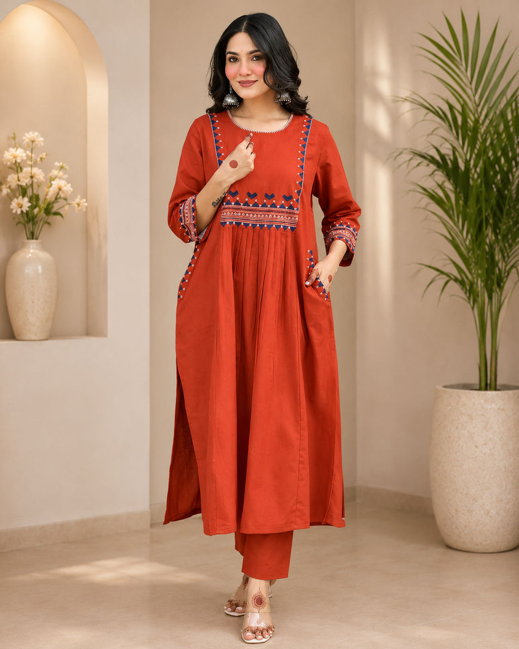 Premium Women's Cotton Slub Embroidered A-Line Kurta Pant Set