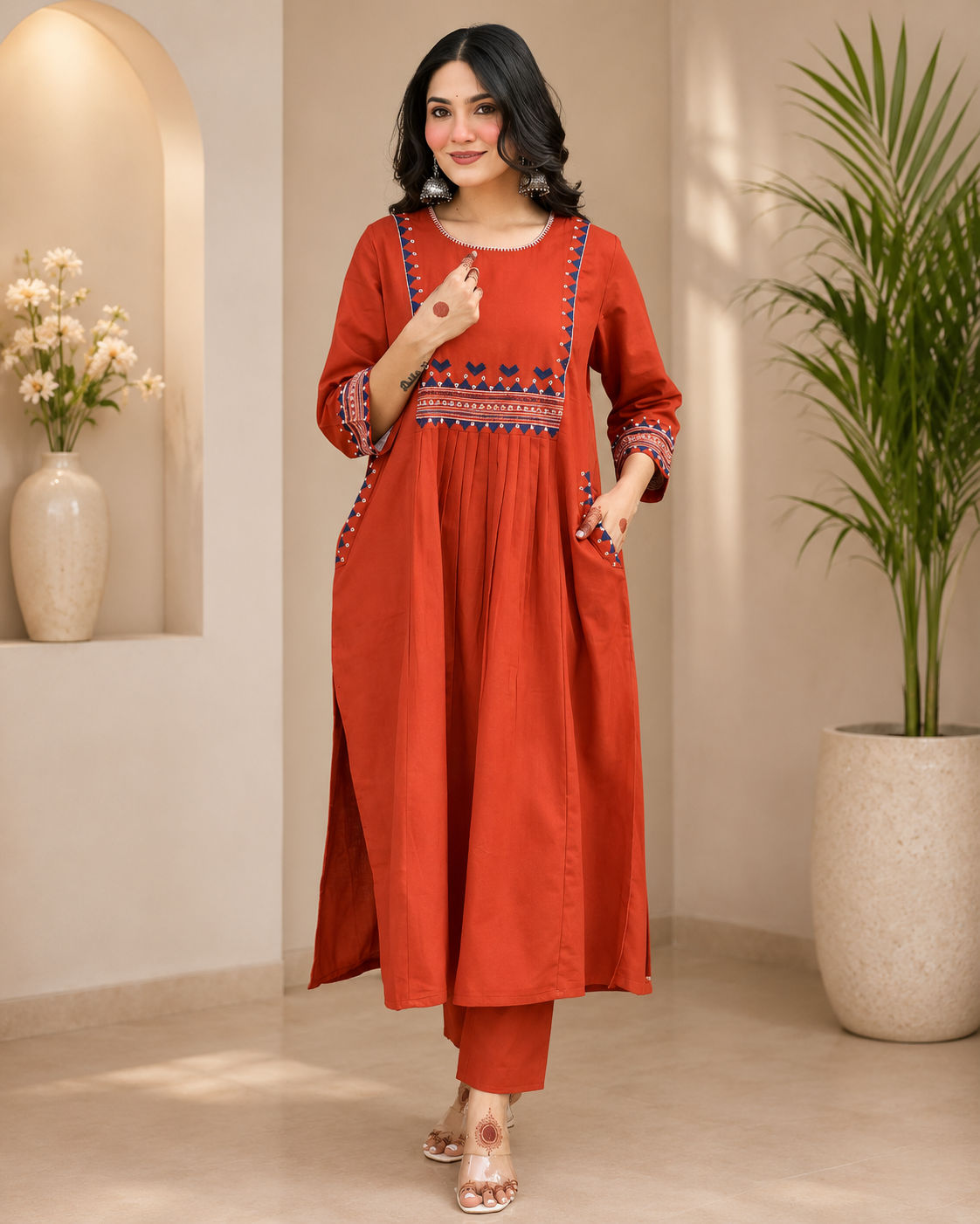 Premium Women's Cotton Slub Embroidered A-Line Kurta Pant Set