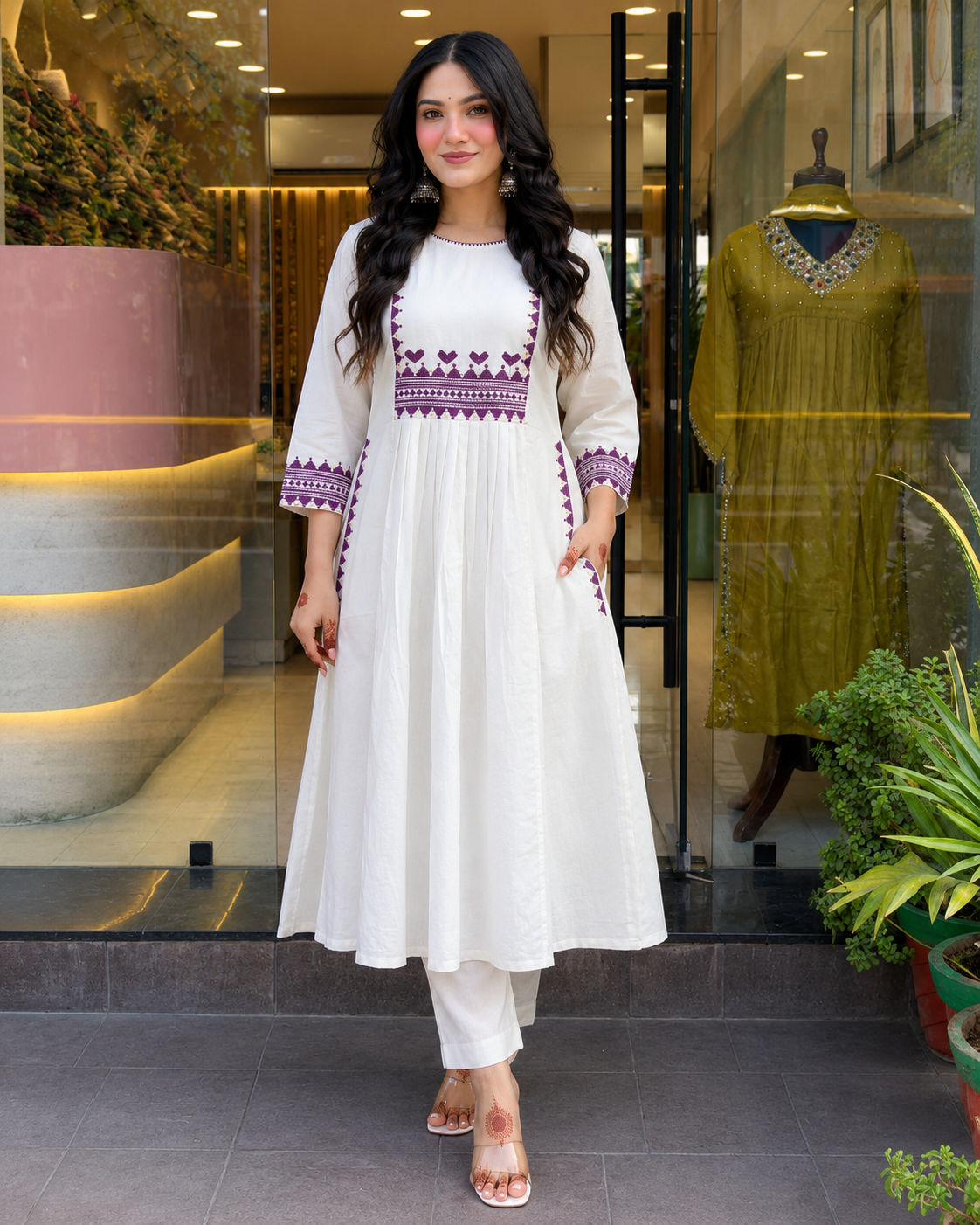 Premium Women's Cotton Slub Embroidered A-Line Kurta Pant Set