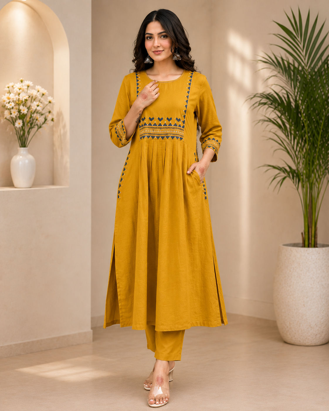 Premium Women's Cotton Slub Embroidered A-Line Kurta Pant Set